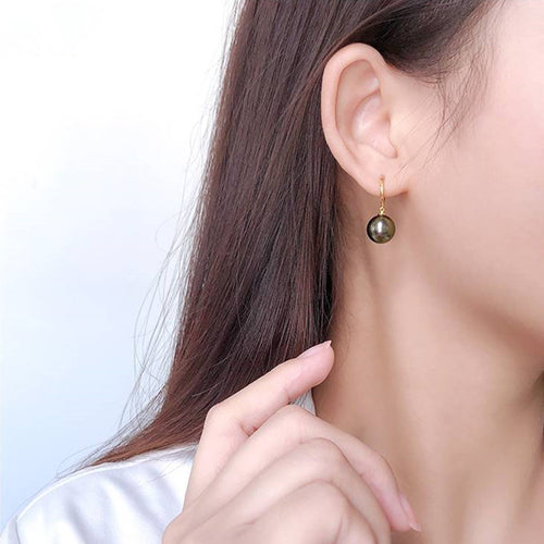 AAA Real Pearl Drop Earring | Freshwater Pearl Earrings with 18K Plated Clasp | 10-14mm Malachite Green Pearl Earrings