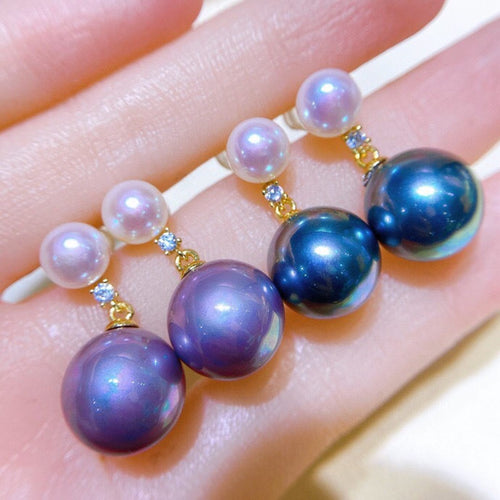 Double Pearl Drop Earrings | Real Pearl Stud with Big Shell Pearl Drop | Freshwater Pearl Earrings with Sterling Silver Pins