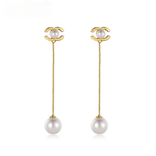 White Round Shell Pearl Dangle Drop Earrings for Women in 14K Gold Over Sterling Silver（12mm）