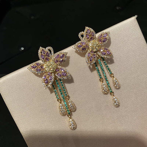 Violet Crystal Flower Earrings |  Rhinestone Earrings | Wedding Diamond Earrings with Sterling Silver Pins