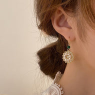 14k Gold Pearl Drop Earrings Dangling Green Stone and Pearl Earrings Palace Style