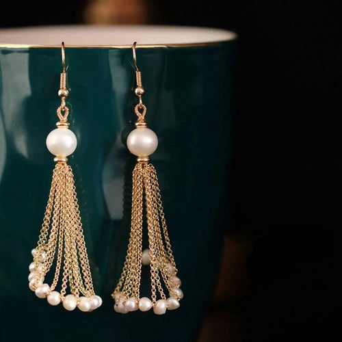 Ballet Shape Royal Style Pearl Earrings 14K Gold | White Freshwater Real Pearl Drop Earrings | Huge Tomato Jewelry