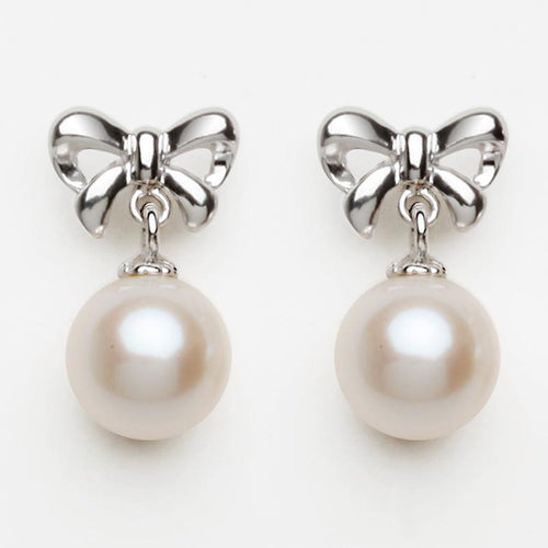 Bowknot Shape Royal Style Real Pearl Earrings Silver | White Freshwater Real Pearl Drop Earrings | Huge Tomato Jewelry