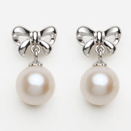 Bowknot Shape Royal Style Real Pearl Earrings Silver | White Freshwater Real Pearl Drop Earrings | Huge Tomato Jewelry