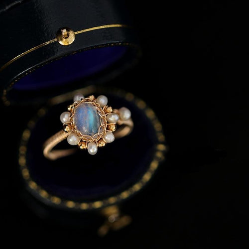 Natural Moonstone 14K Gold Rings Adjustable Size Handmade