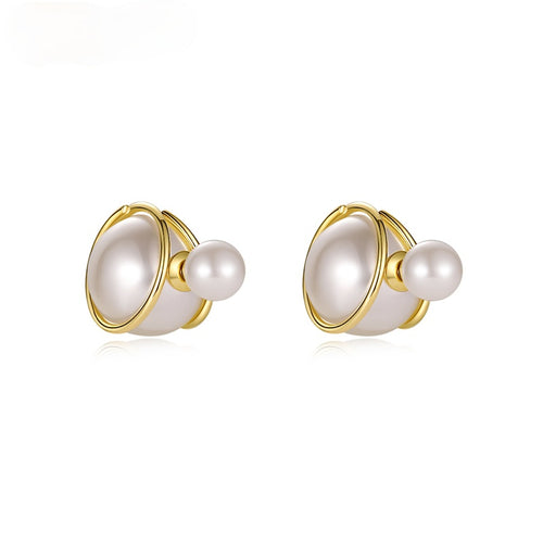 Elegant White Round Shell Pearl Stud Earrings for Women in 14K Gold Over Sterling Silver（16mm）