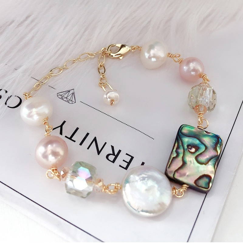 Freshwater Pearl with Black Mother of Pearl Abalone Shell Bracelet in 14k Gold Size Adjustable