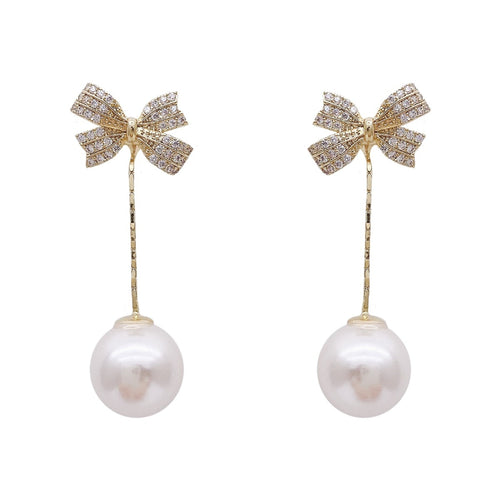 Bowknot Shell Pearl Dangle Drop Earrings for Women in 14K Gold Over Sterling Silver（10mm）