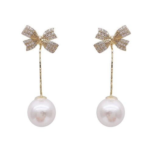Bowknot Shell Pearl Dangle Drop Earrings for Women in 14K Gold Over Sterling Silver（10mm）