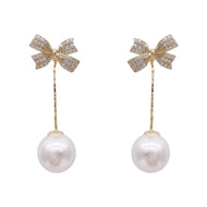 Bowknot Shell Pearl Dangle Drop Earrings for Women in 14K Gold Over Sterling Silver（10mm）