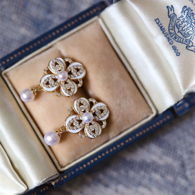 18K White Gold Diamond and Pearl Drop Earrings for Women 4.5 Carats F VS  Diamonds 100583
