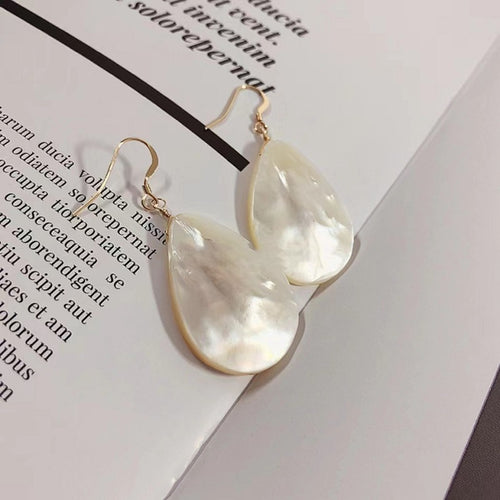 White Mother of Pearl Earrings | Oval Pearl Fan Drop Earrings Drop |  Pearl Dangle Drop Earrings with 14K Gold Plated