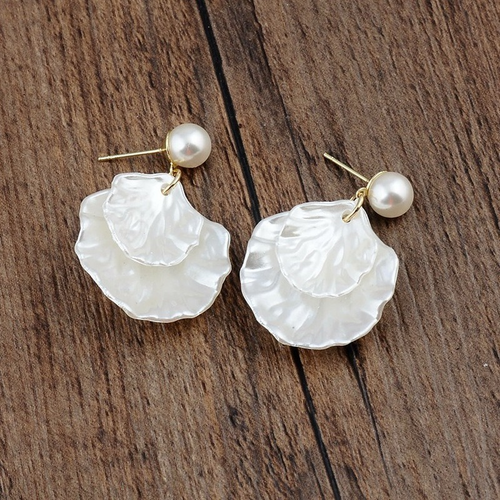 Flower Petals Shell Handmade Pearl Dangle Drop Earrings