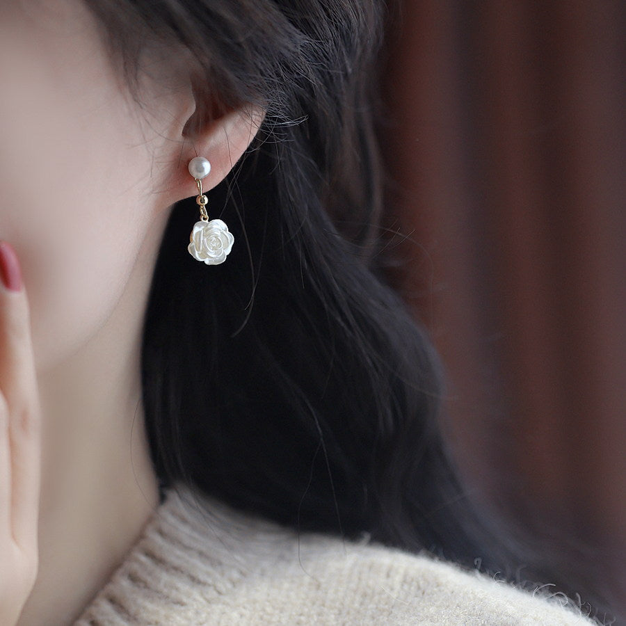 White Camellia Earrings | Pearl Dangle Earrings | Pearl Flower Earring ...