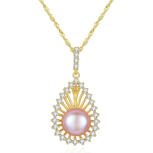 Vintage Style Freshwater Pearl and Diamond Pendant Necklace in 14K Gold Over Sterling Silver (8-9mm)