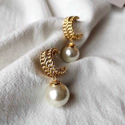 16MM Big Pearl Drop Earrings | Pearl Chain Link Hoop Earrings in 14K Gold Plated