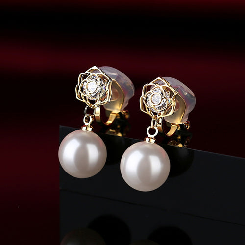 Flower Pearl Drop Earrings | Rose Pearl Diamond Drop Earrings | Clip On Pearl Earrings for Both Piercing and Non-piercing (10mm)