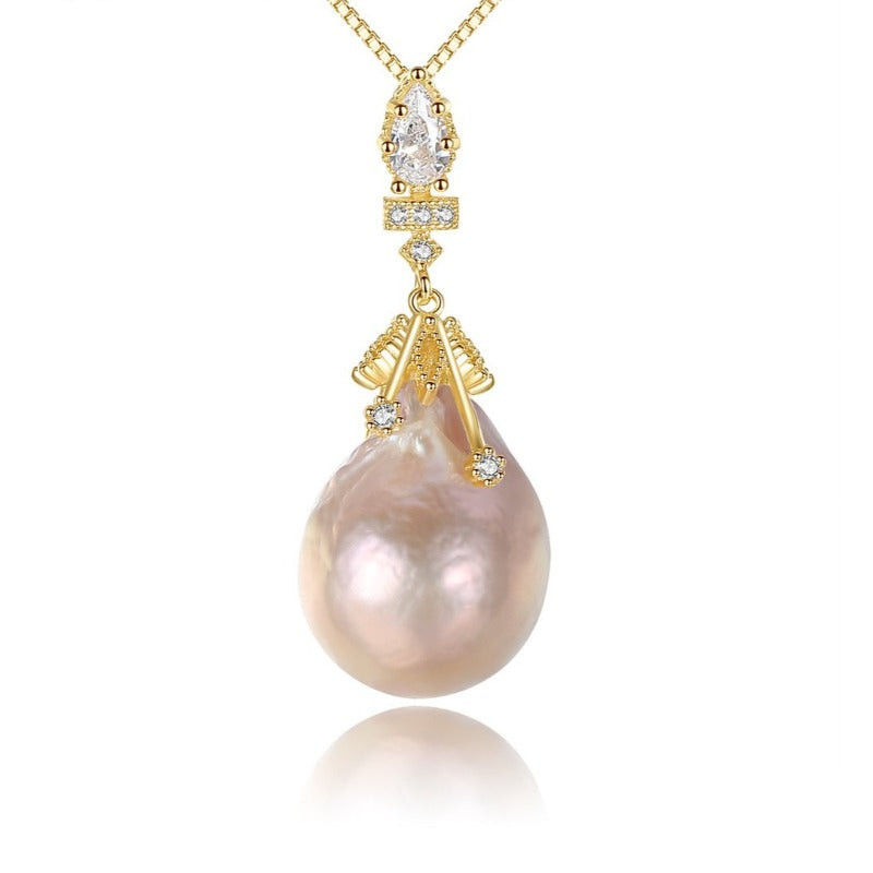 Baroque Pearl Pendant Necklace - Metallic Pink Simple Modern Pearl