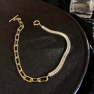 Half Crystal Half Chain Necklace | Gold Choker | Gold Chain for Women