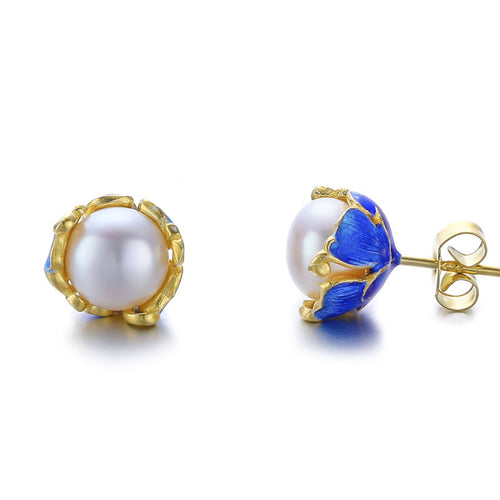 Freshwater Cultured Pearl Cloisonne Stud Earrings in 14K Gold Over Sterling Silver