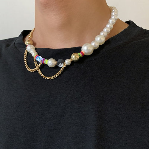 Half Pearl Half Chain Necklace Mens | Mens Pearl Necklace | Pearl Necklace for Men