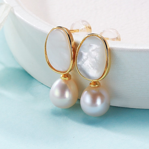 Mother of Pearl Freshwater Pearl Earrings in 14K Gold Over Sterling Silver Pin Vintage Style