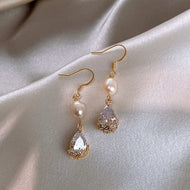 Purple Crystal Pearl Dangle Earrings | Real Pearl Earrings with Teardrop Crystal