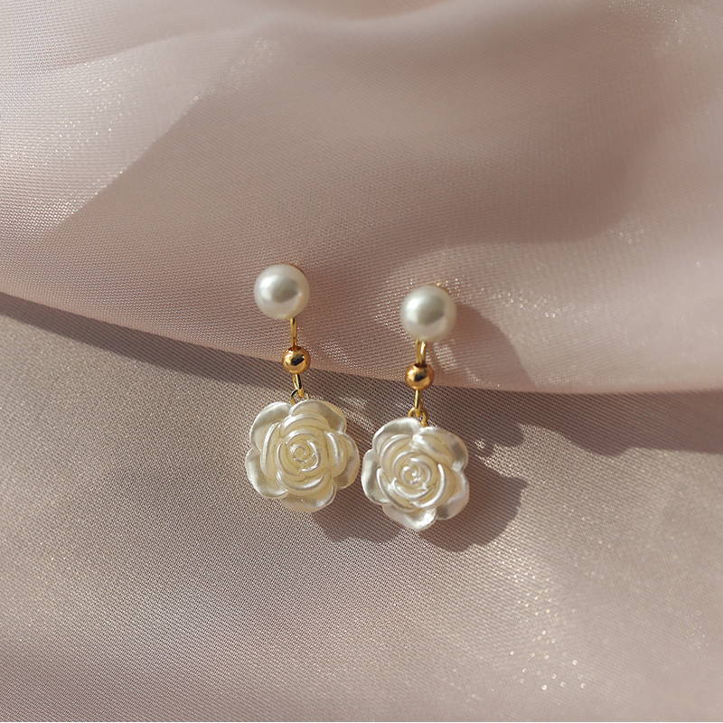 Golden White Cloud Rose Pearl Drop Earrings – POPORCELAIN