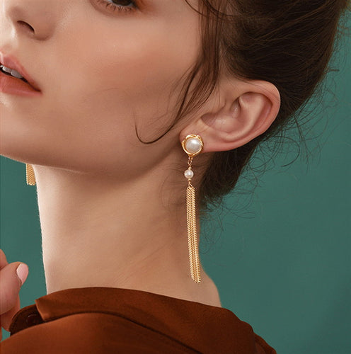 Tassel Pearl Dangle Earrings | Freshwater Pearl Earrings | Clip On Pearl Earrings for Piercing and Non-Piercing