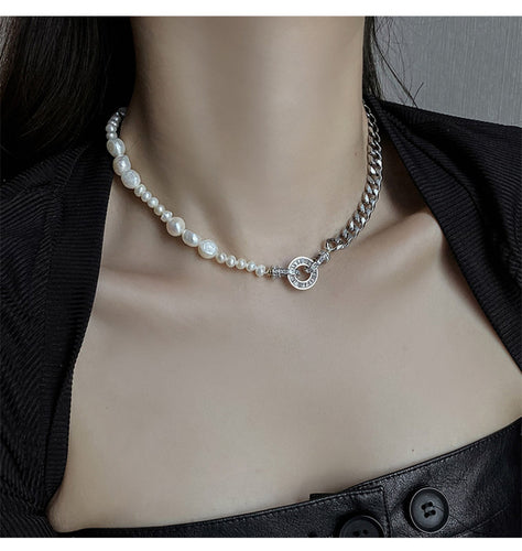 Half Pearl Half Chain Necklace | Silver Necklaces Chain  | Cuban link for Round Clasp Design