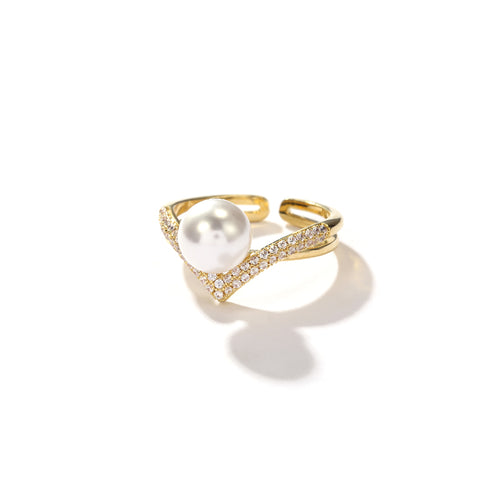V Shaped Pearl Ring | Gold Pearl Diamond Ring | Adjustable Rings for Women