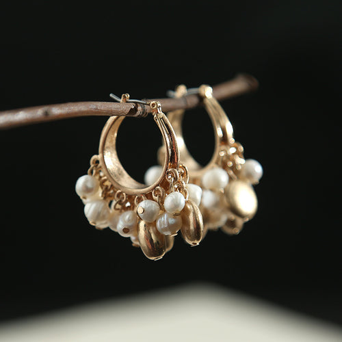 Bohemian Style Pearl Pearl Hoop Earrings in 14K Gold Over Sterling Silver