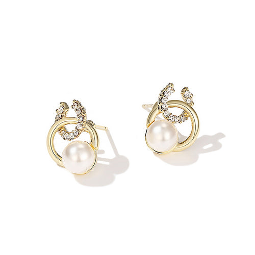 Pearl Diamond Earrings Stud | Freshwater Pearl Earrings | Real Pearl Earrings with Sterling Silver Pins (5-6mm)