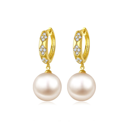 Pearl Drop Earrings | Pearl Huggie Earrings | Gold Hoop Earrings with Pearl Drop (12mm)