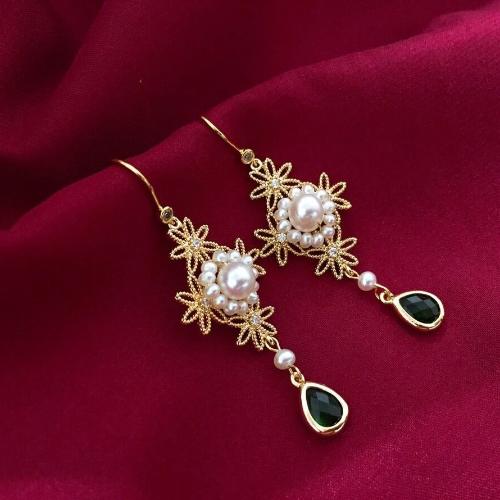 French Royal Style Pearl Earrings 18K Gold | White Freshwater Real Pearl Drop Earrings | Vintage Dainty Wedding Jewelry