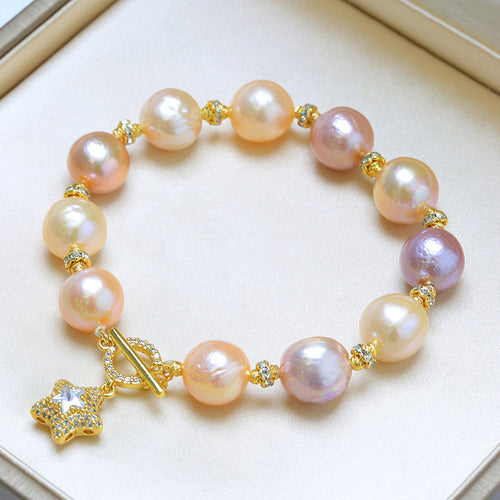 Women's Multicolor Baroque Pearl Bracelet in 14K Yellow Gold Star Clasp (14 mm) - AAAA Quality