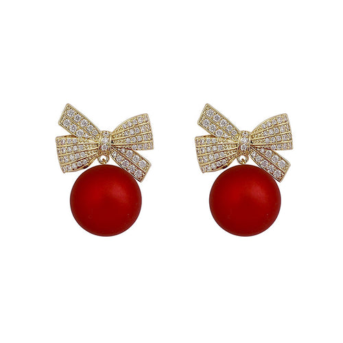 Red Pearl Velvet Drop Earrings for Women Christmas Earrings in 14K Gold Over Sterling Silver