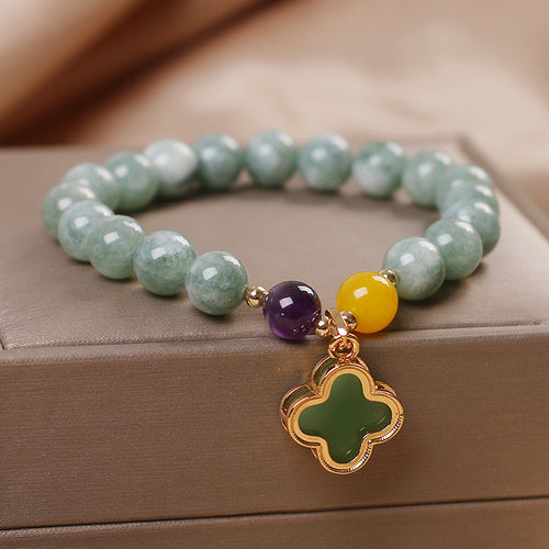 Four Leaf Clover Natural Green Jade Crystal Gold Bracelet