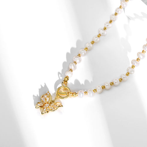 Shine Butterfly Freshwater Pearl Pendant Necklace in 14K Gold Over Sterling Silver (6-6.5mm)