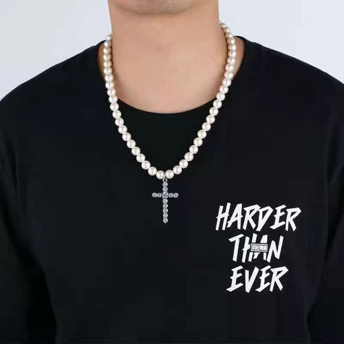 Perlenkreuzkette für Herren | Perlenkette für Herren mit Diamantkreuzanhänger
