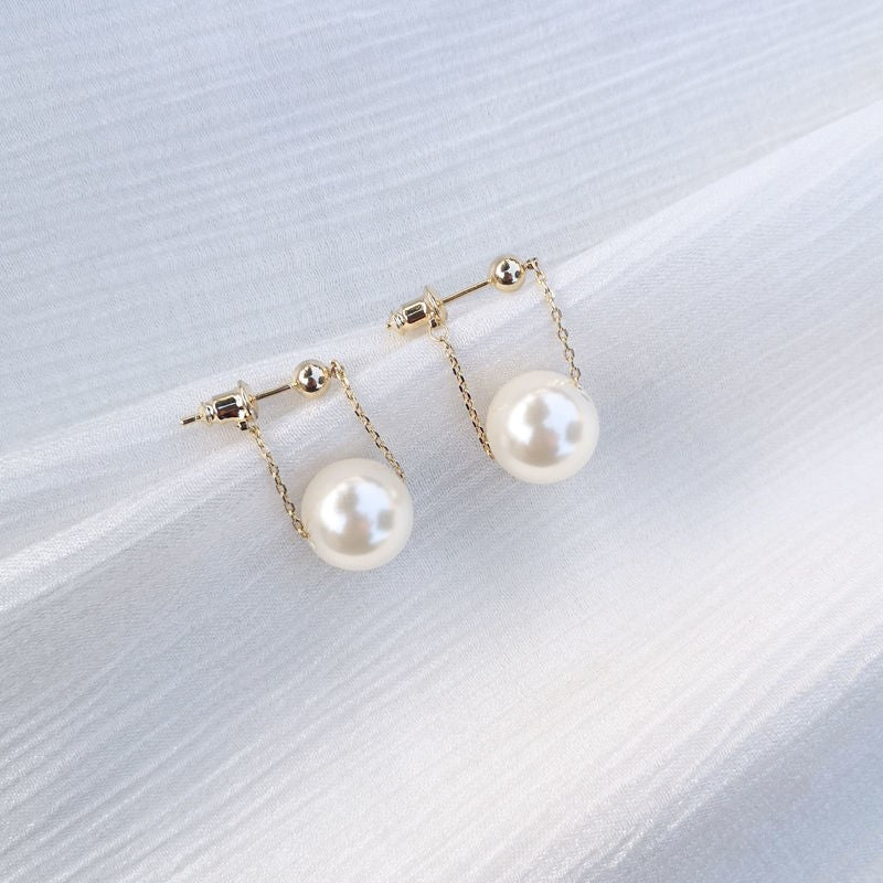 White Round Shell Pearl Dangle Drop Earrings for Women in 14K Gold Ov ...