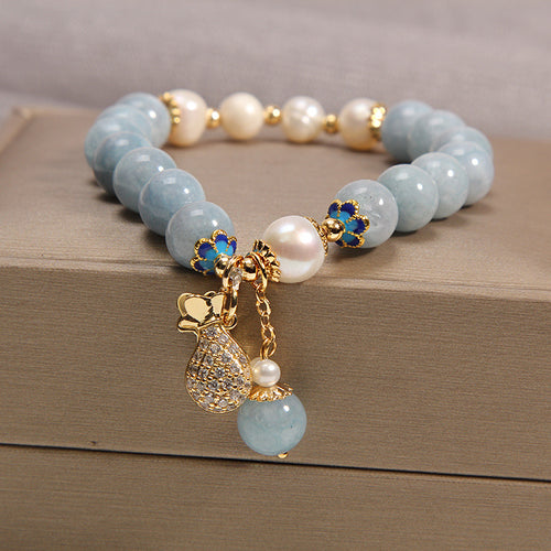 Aquamarine Jade Freshwater Cultured Pearl Bracelet | Elastic Real Pearl Bracelet in 14K Gold Over Sterling Silver Clasp