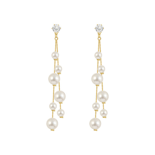 White Round Shell Pearl Dangle Drop Earrings for Women in 14K Gold Over Sterling Silver（6mm）