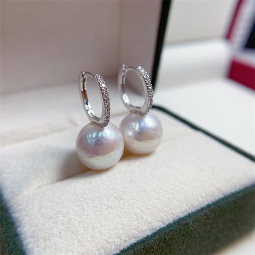 AAA Real Pearl Diamond Earrings | Freshwater Pearl Drop Earrings in Sterling Silver | 10-12mm White Pearl Earrings
