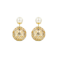 Hollow Sphere Round Pearl Stud Earrings for Women in 14K Gold Over Sterling Silver（7mm）