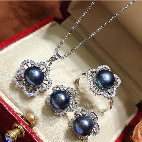 Schwarzes Perlenschmuckset | Echte Perlenohrringe, Perlenring und Perlenanhänger | AAA-Perlen-Diamant-Set für Damen