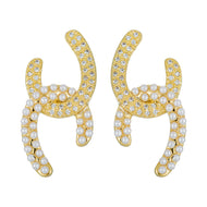 14K Gold Two C Earrings Artificial Crystal Designer Jewelry