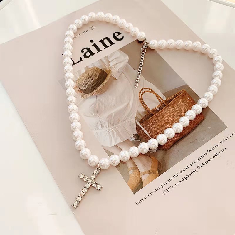 thumbnail image 2 of Iutymu White Pearl Cross Necklace. Pearl Cross Necklace. Freshwater Pearl Cross Pendant. Everyday Minimalist Religious Jewelry (Gold 2 of 14