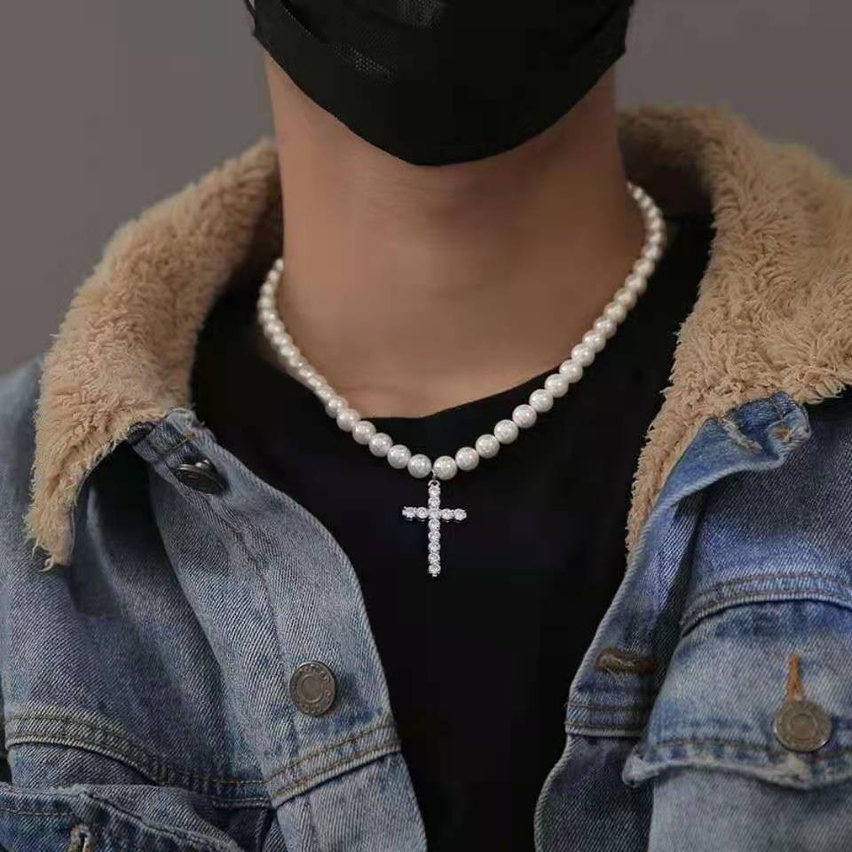 Pearl necklace with cross pendant deals