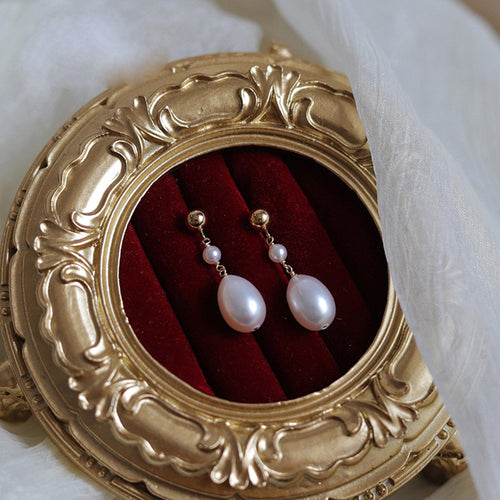 AAA Freshwater Pearl Earrings | Oval Pearl Drop Earrings | Real Pearl Earrings in 18K Gold over Sterling Silver (8-9mm)
